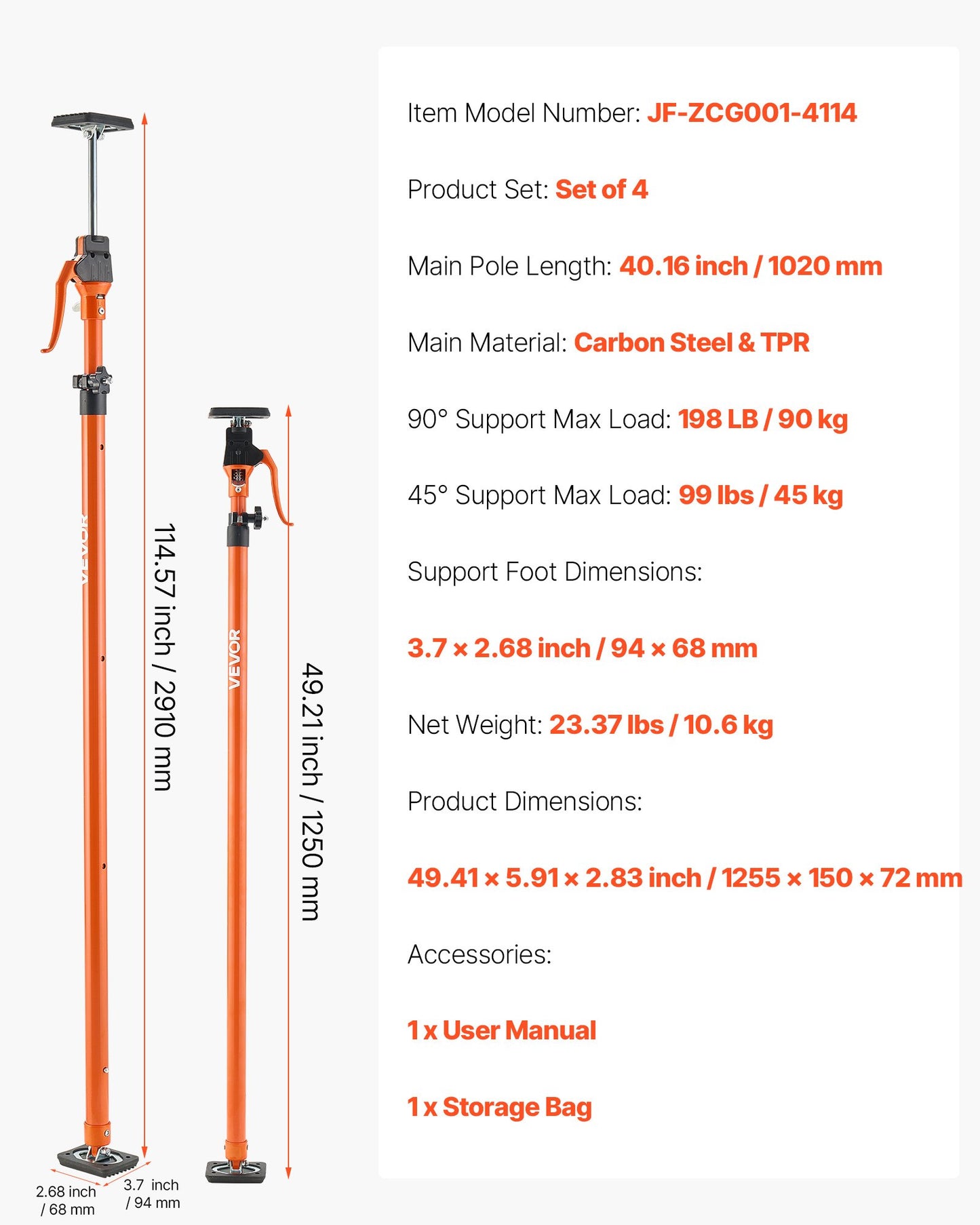 Stödstång för skåpdomkraft, 4-pack, 125-291 cm teleskopisk snabbstödstång i stål, justerbart 3:e handssystem upp till 90 kg kapacitet för installation av skåp, lyft av gipsväggar, laststänger
