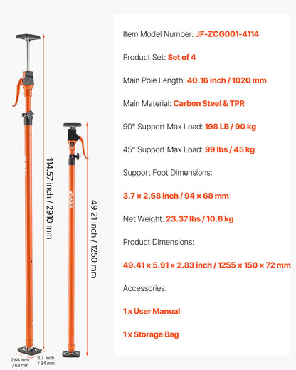 Stödstång för skåpdomkraft, 4-pack, 125-291 cm teleskopisk snabbstödstång i stål, justerbart 3:e handssystem upp till 90 kg kapacitet för installation av skåp, lyft av gipsväggar, laststänger