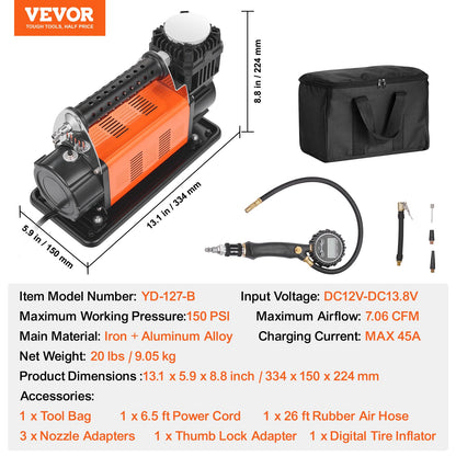 12V kraftig luftkompressor - med digital tryckmätare däckpumpare, 7,06 CFM bärbar däckpumpare, 150PSI terrängluftpump med adaptrar för lastbilar, bilar, SUV, fyrhjulsdrivna fordon, husbilar