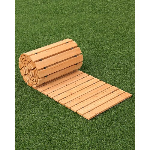 Wooden Garden Pathway, 12 ft L x 22 in W, Non-Slip Straight Garden Walkway, Roll Out Cedar Outdoor Walkway Path with Wire Rope Connection, Decorative Garden Paver for Backyard Wedding Party