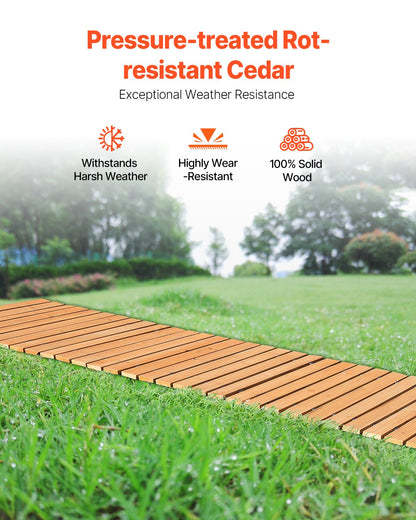 Wooden Garden Pathway, 8 ft L x 17 in W, Non-Slip Straight Garden Walkway, Roll Out Cedar Outdoor Walkway Path with Wire Rope Connection, Decorative Garden Paver for Backyard Wedding Party