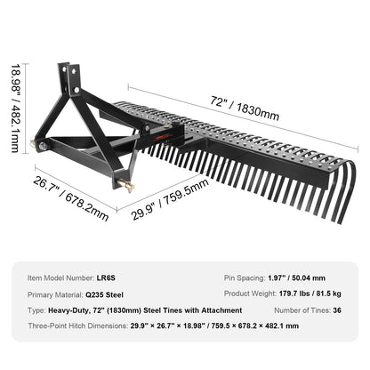 Tow Behind Dethatcher, 72-inch Tow Dethatcher with 36 Steel Tines, 3-Point Lawn Dethatcher Rake with Attachments for Tractor, Landscape Rake for Garden, Farm, Grass