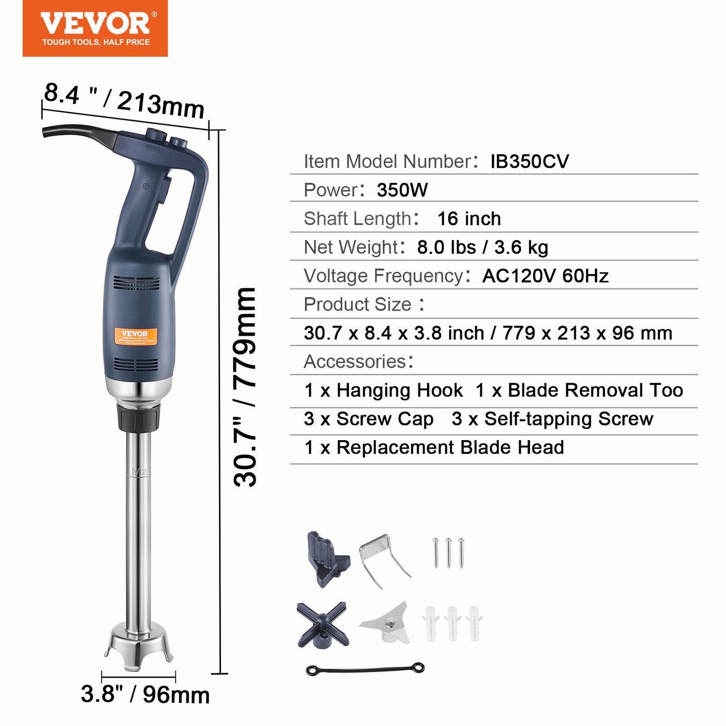 Commercial Immersion Blender, 350W Heavy Duty Hand Mixer, 16 inch Stepless Variable Speed Mixer with Stainless Steel Blade, Multi-Purpose Portable Mixer for Soup, Sauces, Mashed Potatoes, Cream