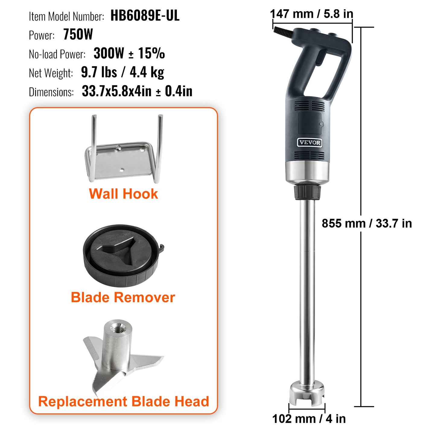 Commercial Immersion Blender, 750 Watt Heavy Duty Hand Mixer, Variable Speed Kitchen Stick Mixer with 304 Stainless Steel Blade, Multi-Purpose Portable Mixer for Soup, Smoothie, Puree, Baby Food