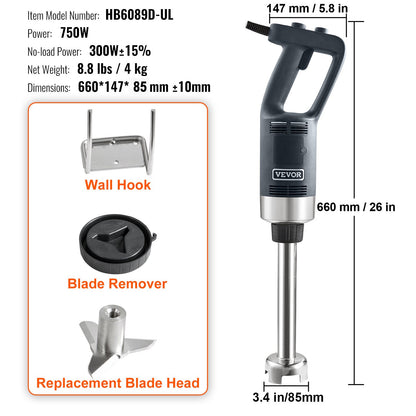Commercial Immersion Blender, 750 Watt Heavy Duty Hand Mixer, Variable Speed Kitchen Stick Mixer with 304 Stainless Steel Blade, Multi-Purpose Portable Mixer for Soup, Smoothie, Puree, Baby Food