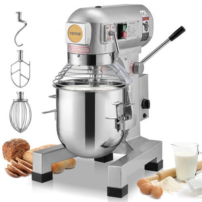 Kommersiell matberedare, 10L kommersiell standmixer med 3 justerbara hastigheter, 550W degblandare med skål i rostfritt stål och 3 blandningstillbehör, perfekt för restaurang, bageri, konditori, café