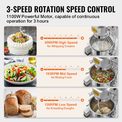 Kommersiell matberedare, 18,7L kommersiell köksmaskin med 3 justerbara hastigheter, 1100W degblandare med skål i rostfritt stål och 3 blandningstillbehör, Perfekt för restaurang, bageri, konditori, café