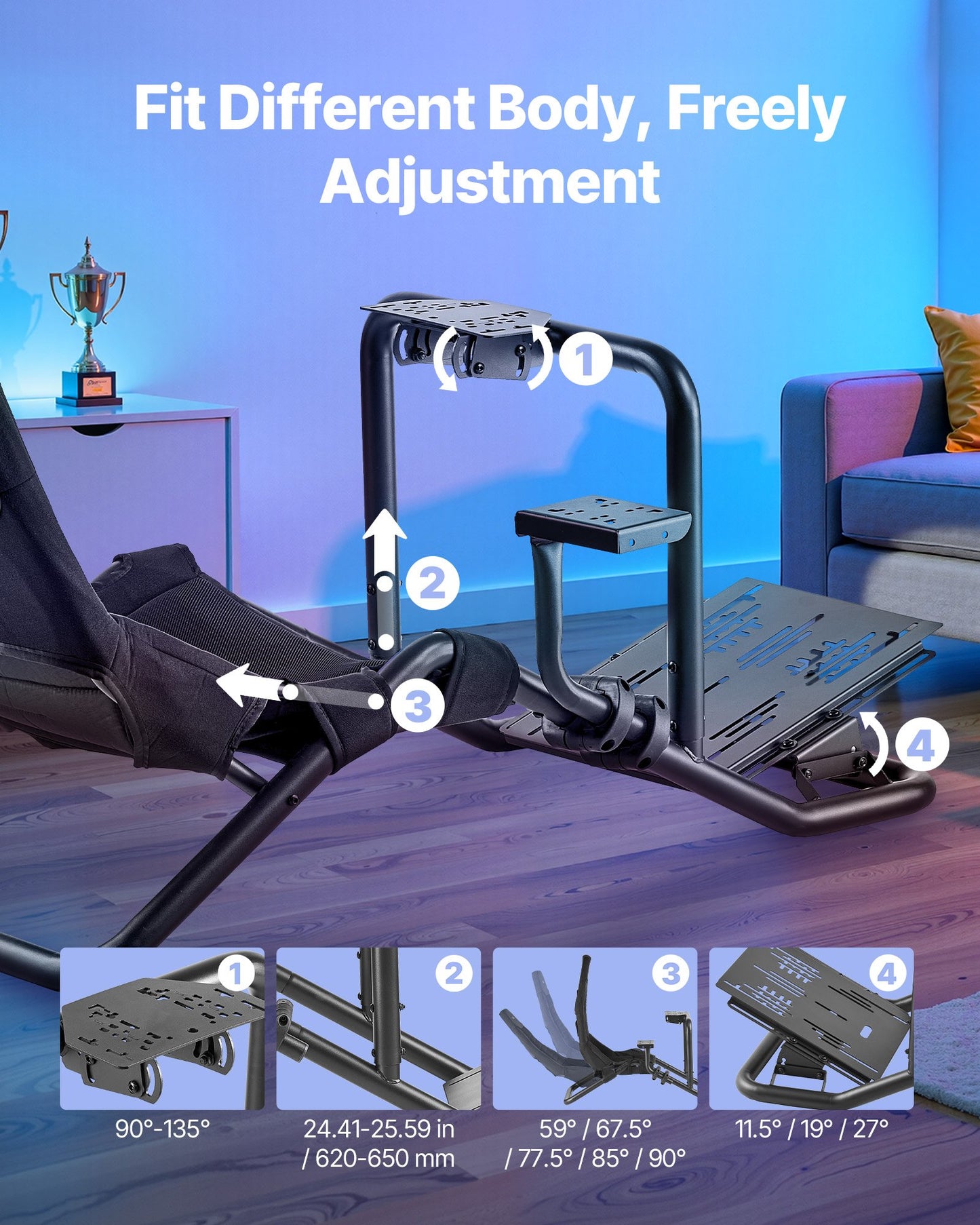 Stativ för racingratt, kraftigt integrerat simulatorstativ för cockpit, passar Logitech G25, G27, G29, G920, G923, Thrustmaster T300RS, TX F458, T500RS, T3PA-PRO (F1/GT) och CSR-pedaler, svart