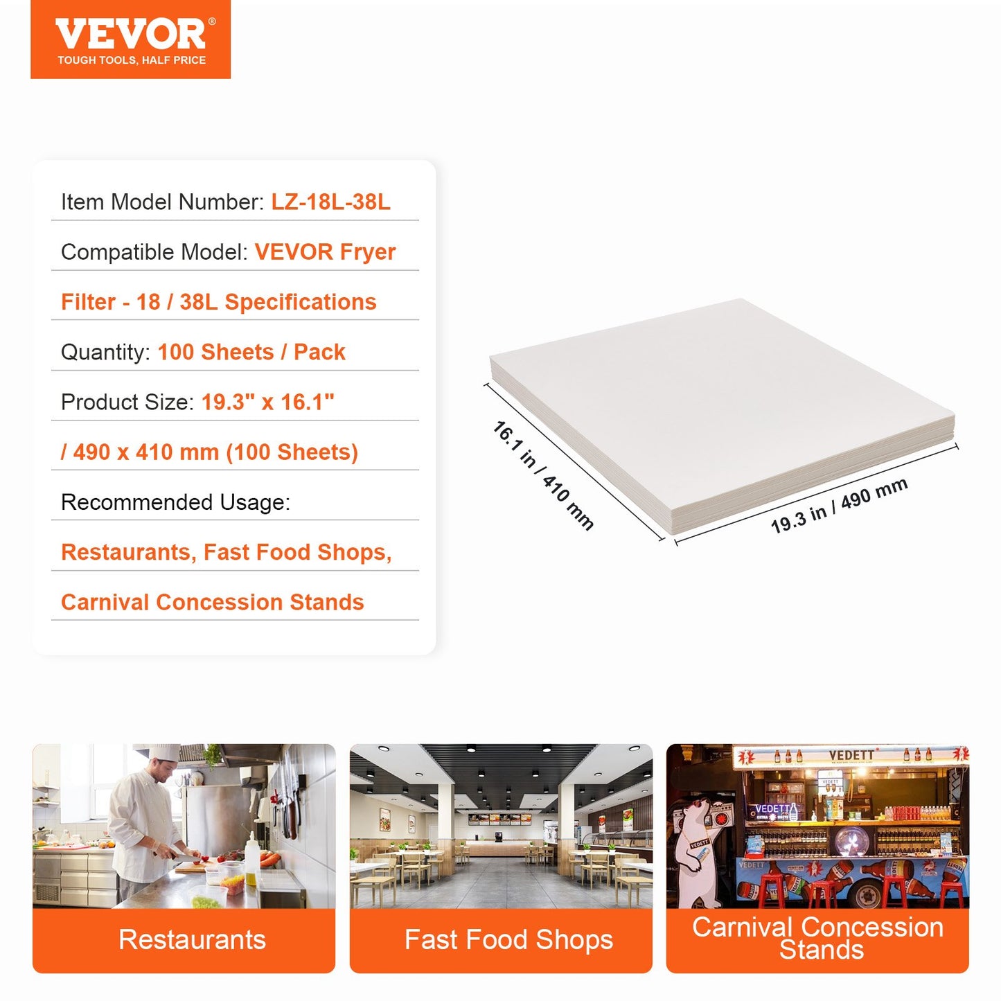 Fryer Filter Paper, 100 Sheets, 19.3" x 16.1", Replacement Deep Fryer Filter Sheets for 18L/38L Commercial Mobile Fryer Filter Machine, for Restaurant, Fast Food Shop, Carnival Concession Stand