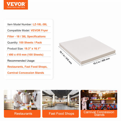 Fryer Filter Paper, 100 Sheets, 19.3" x 16.1", Replacement Deep Fryer Filter Sheets for 18L/38L Commercial Mobile Fryer Filter Machine, for Restaurant, Fast Food Shop, Carnival Concession Stand