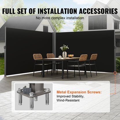 Retractable Side Awning, 71''x 236'' Aluminum Outdoor Privacy Screen, 280g Polyester Water-proof Retractable Patio Screen, UV 30+ Room Divider Wind Screen for Patio, Backyard, Balcony, Black