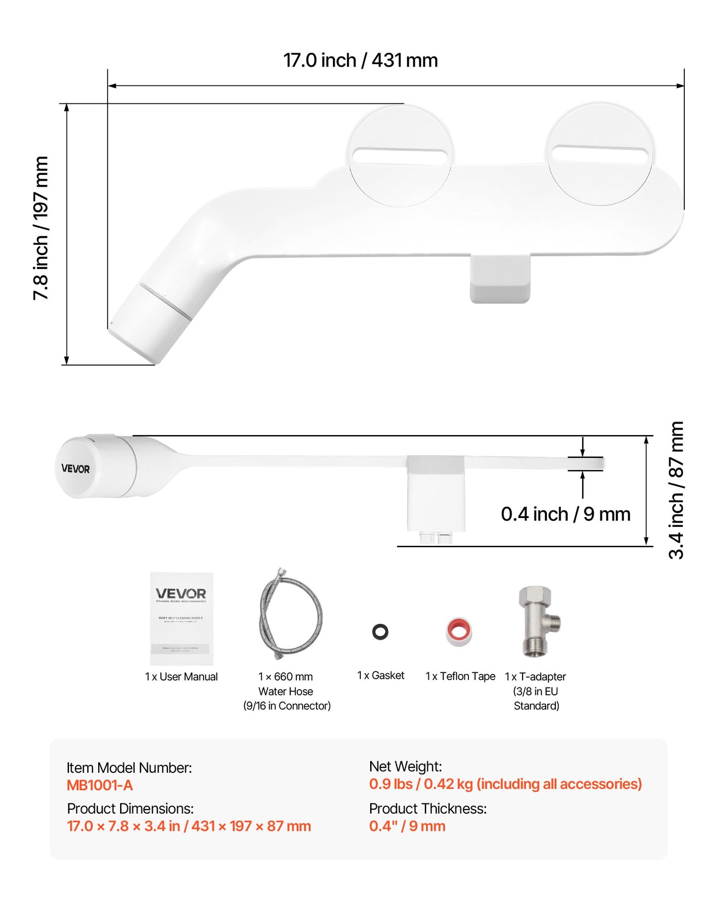 Bidet Attachment for Toilet, Non-Electric Bidet Toilet Seat Attachment - Dual Retractable Nozzles, Adjustable Cold Water Pressure, Stainless Steel Inlet, Ideal for Rear and Feminine Wash, White