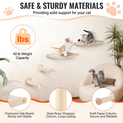 Wall Mounted Cat Shelves, Cat Wall Shelves and Perches with Jumping Posts & Hammocks, Cat Furniture Set up to 40 lbs, Removable & Washable Coral Fleece for Sleeping, Playing, Climbing, Set of 4
