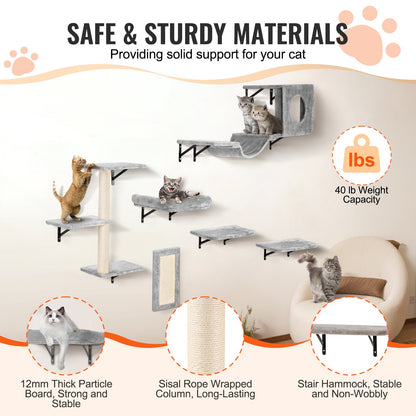 Väggmonterade katthyllor, vägghyllor och sittpinnar för katt med hoppbrädor, hängmatta, soffa, klösträd och kattgrepp, kattmöbler och hyllor upp till 18 kg för att sova, leka, klättra, set om 6