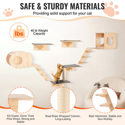 Väggmonterade katthyllor, vägghyllor och sittpinnar för katt med hoppbrädor, kattbäddar, hängmattor och klösträd, kattmöbler och hyllor upp till 18 kg för att sova, leka, klättra, set om 7