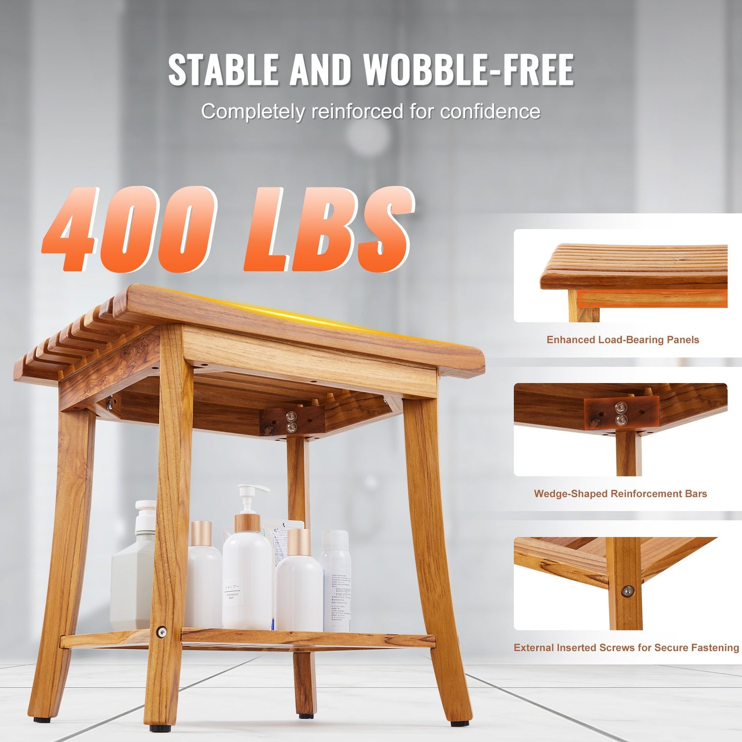 Teak Shower Bench, 20 x 14.3 x 17.9 in, Waterproof Wood Shower Stool with Storage Shelf Non-Slip Foot Pads, 400 lbs Maximum Load Capacity Shower Chair Seat, for Bathroom Indoor and Outdoor Use