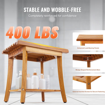 Teak Shower Bench, 20 x 14.3 x 17.9 in, Waterproof Wood Shower Stool with Storage Shelf Non-Slip Foot Pads, 400 lbs Maximum Load Capacity Shower Chair Seat, for Bathroom Indoor and Outdoor Use