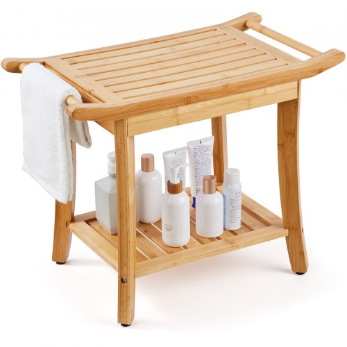 Bamboo Shower Bench, 24 x 13.8 x 18.9 in, Waterproof Shower Stool Chair with Storage Shelf Handle, 300 lbs Load Capacity Spa Bath Seat Organizer, for Adults Seniors Women Elderly Indoor Outdoor