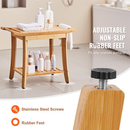 Duschbänk i bambu, 61 x 33 x 49 cm, vattentät duschpall med förvaringshandtag, 136 kg lastkapacitet, spabadsitsorganisatör, för vuxna, seniorer, kvinnor, äldre, inomhus och utomhus