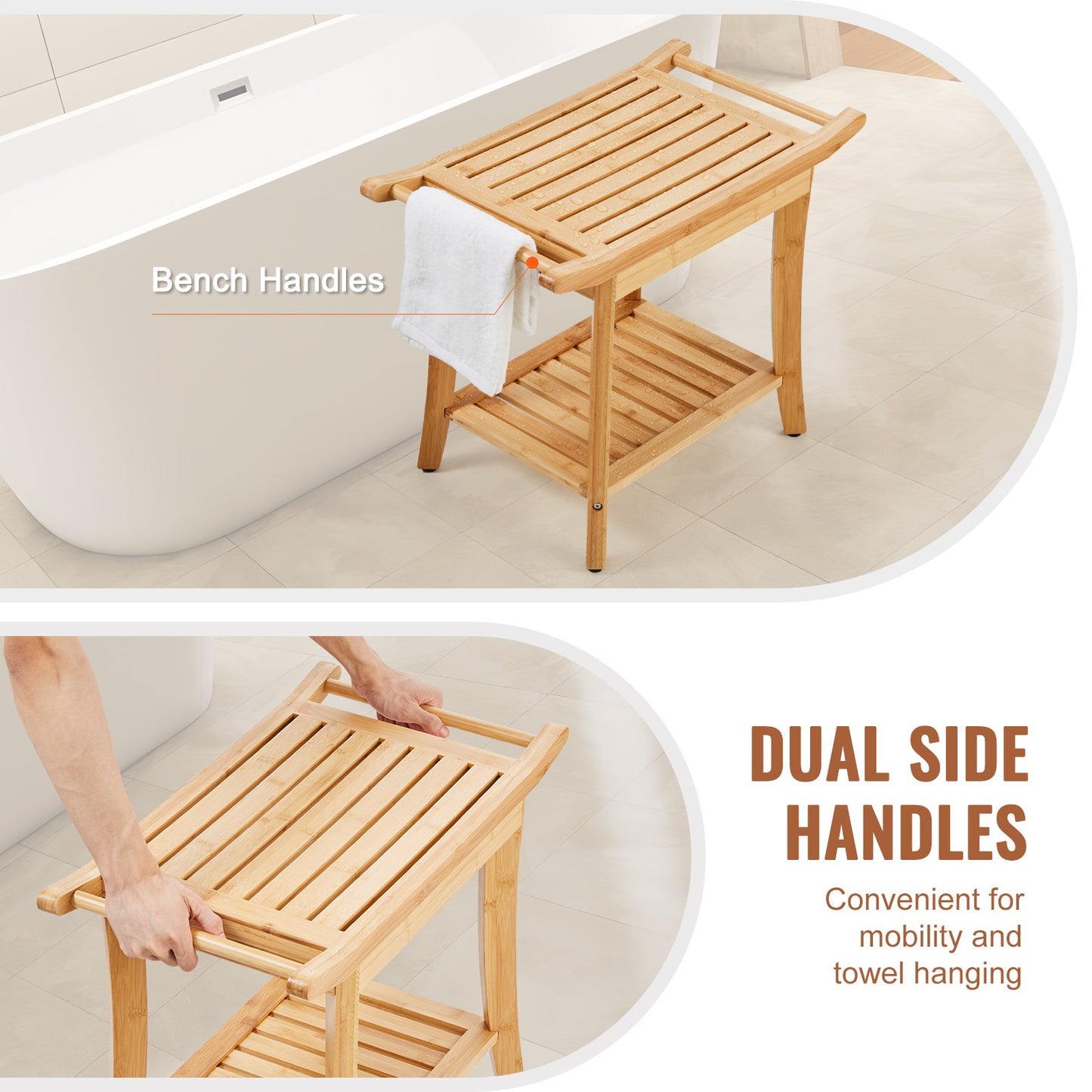Bamboo Shower Bench, 24 x 13.8 x 18.9 in, Waterproof Shower Stool Chair with Storage Shelf Handle, 300 lbs Load Capacity Spa Bath Seat Organizer, for Adults Seniors Women Elderly Indoor Outdoor