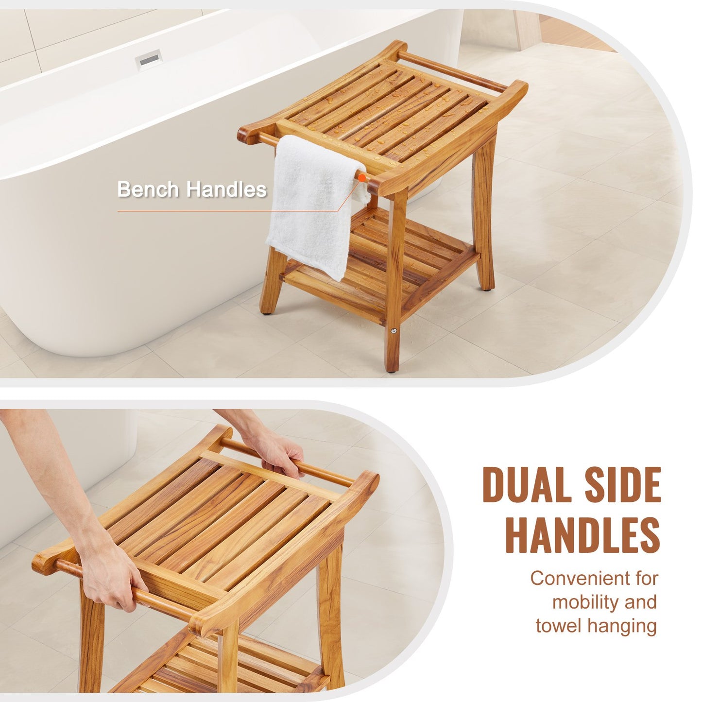 Teak Shower Bench, 22 x 14.4 x 18.5 in, Waterproof Wood Shower Stool with Storage Shelf Handle Non-Slip Feet, 300 lbs Maximum Load Capacity Shower Chair Seat, for Bathroom Indoor and Outdoor Use