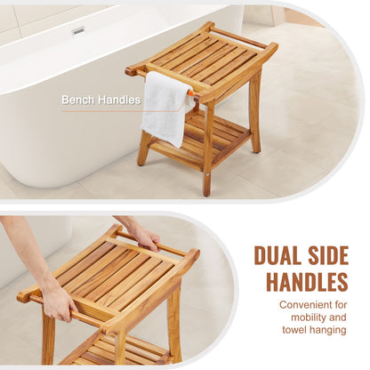 Teak Shower Bench, 22 x 14.4 x 18.5 in, Waterproof Wood Shower Stool with Storage Shelf Handle Non-Slip Feet, 300 lbs Maximum Load Capacity Shower Chair Seat, for Bathroom Indoor and Outdoor Use
