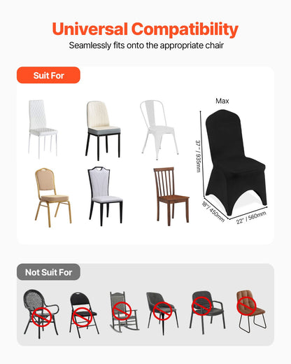 Överdrag i stretchig spandex för fällbara stolar, universellt monterat välvt framöverdrag, avtagbara tvättbara skyddande överdrag, för bröllop, högtid, bankett, fest, firande, middag (50 st svarta)