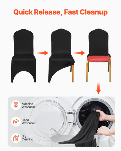 Överdrag i stretchig spandex för fällbara stolar, universellt monterat välvt framöverdrag, avtagbara tvättbara skyddande överdrag, för bröllop, högtid, bankett, fest, firande, middag (50 st svarta)