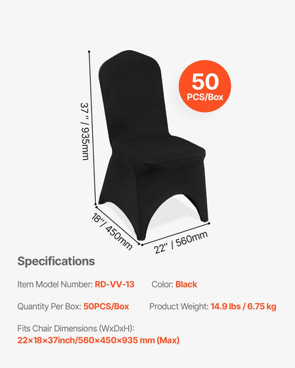 Överdrag i stretchig spandex för fällbara stolar, universellt monterat välvt framöverdrag, avtagbara tvättbara skyddande överdrag, för bröllop, högtid, bankett, fest, firande, middag (50 st svarta)