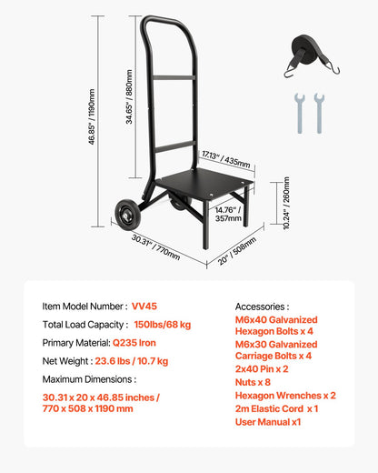 Folding Chair Rack, 150 LBS Capacity, Heavy-duty Chair Cart for Stacking 10 Chairs, Multi-Function Metal Chair Storage Dolly with Rubber Wheels, Push-Style Chair Holder, Matte Black