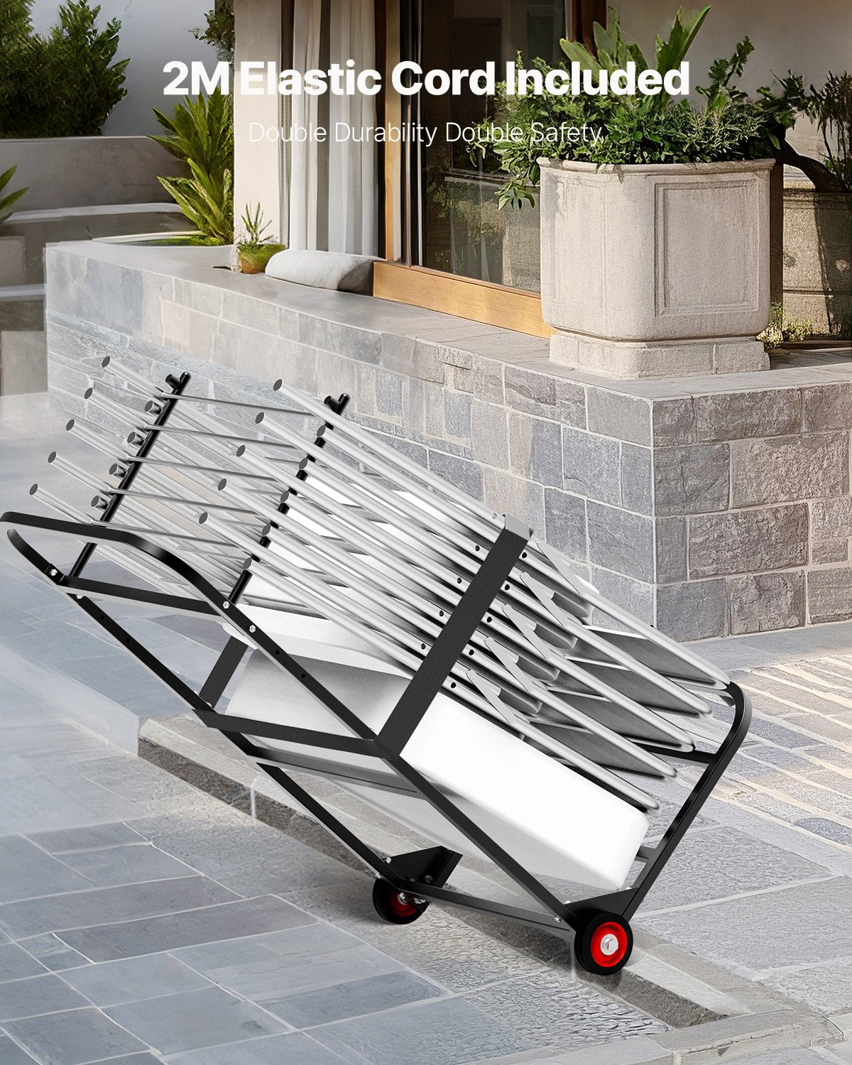 Hopfällbar stolsställning, kapacitet 100 kg, kraftig stolsvagn för att hänga 10 stolar, multifunktionell metallstolsvagn med gummihjul, skjutbar stolshållare, mattsvart