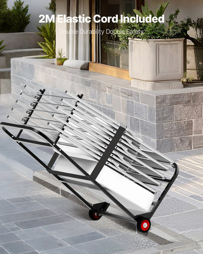 Hopfällbar stolsställning, kapacitet 100 kg, kraftig stolsvagn för att hänga 10 stolar, multifunktionell metallstolsvagn med gummihjul, skjutbar stolshållare, mattsvart