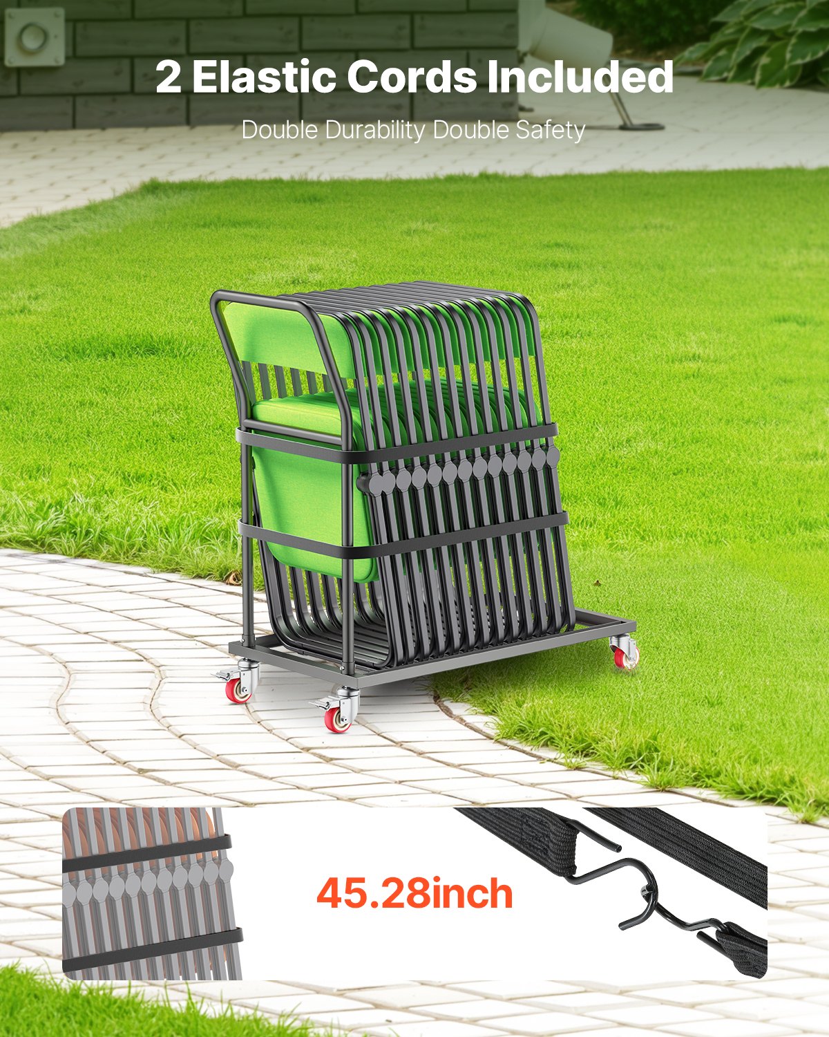 Hopfällbar stolsställning, kapacitet 147 kg, L-formad vertikal stolsvagn för 25 stolar, kraftig metallstolsvagn med gummihjul, multifunktionell stolshållare, mattsvart