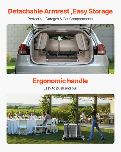 Hopfällbar stolsställning, kapacitet 147 kg, L-formad horisontell stolsvagn för 25 stolar, kraftig metallstolsvagn med gummihjul och hållare, stor stolshållare, mattsvart