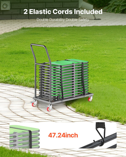 Hopfällbar stolsställning, kapacitet 147 kg, L-formad horisontell stolsvagn för 25 stolar, kraftig metallstolsvagn med gummihjul och hållare, stor stolshållare, mattsvart