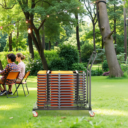 Hopfällbar stolsställning, kapacitet 147 kg, L-formad horisontell stolsvagn för 25 stolar, kraftig metallstolsvagn med gummihjul och hållare, stor stolshållare, mattsvart