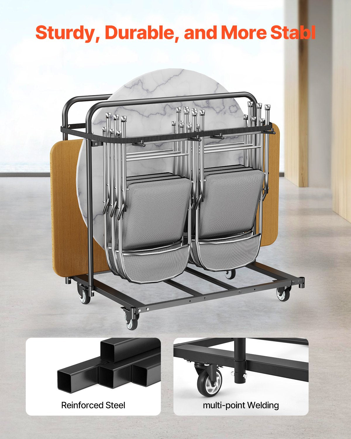 Folding Chair Rack, 400 LBS Capacity, Heavy-duty Chair Cart for 5 Tables+14 Chairs, Chair Storage Dolly Chair Holder w/ Swivel Casters and Locking Wheels,for Party Event,Hotel, Matte Black