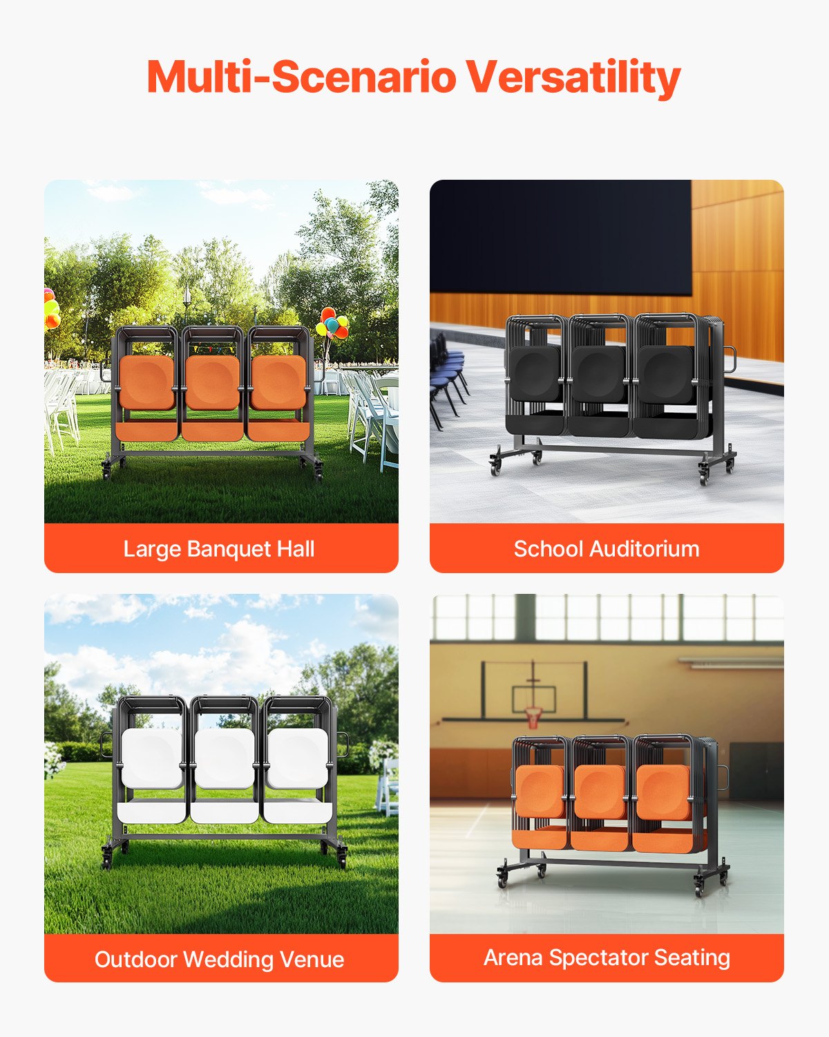 Hopfällbar stolshylla, kapacitet 180 kg, kraftig stolsvagn för 42 stolar eller 12 bord, multifunktionell stolsförvaringsvagn med gummihjul och hållare, stor stolshållare, mattsvart