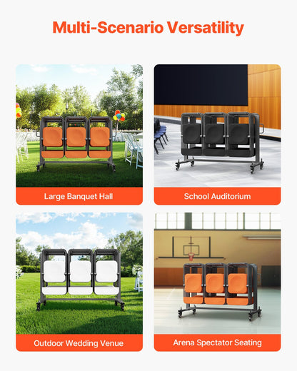 Hopfällbar stolshylla, kapacitet 180 kg, kraftig stolsvagn för 42 stolar eller 12 bord, multifunktionell stolsförvaringsvagn med gummihjul och hållare, stor stolshållare, mattsvart