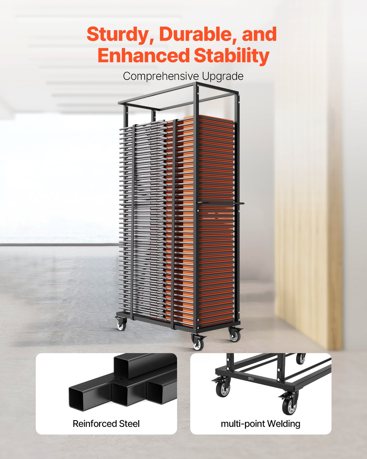 Hopfällbar stolsställ, 500 kg kapacitet, kraftig stolsvagn för 60 stolar, metallstolsförvaring med svängbara hjul och låsbara hjul, för festevenemang, hotell, mattsvart