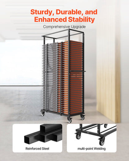 Hopfällbar stolsställ, 500 kg kapacitet, kraftig stolsvagn för 60 stolar, metallstolsförvaring med svängbara hjul och låsbara hjul, för festevenemang, hotell, mattsvart