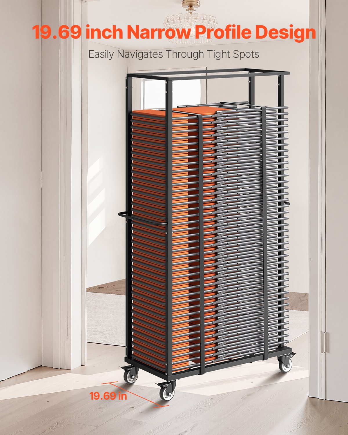 Hopfällbar stolsställ, 500 kg kapacitet, kraftig stolsvagn för 60 stolar, metallstolsförvaring med svängbara hjul och låsbara hjul, för festevenemang, hotell, mattsvart