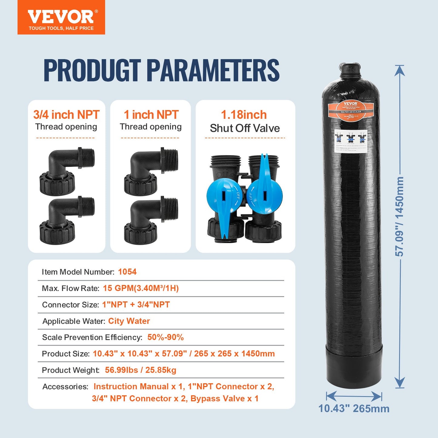 Whole House Salt Free Descaler, Water Filter for City Water, 1100,000 Gallon Whole House Water Descaler for All Kinds of Plumbing Pipes, 1" BSPT & 3/4" BSPT, for 5-8 Person Family