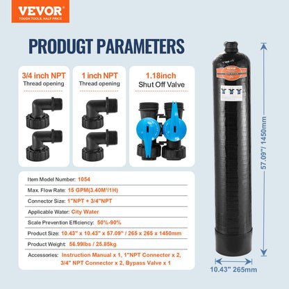 Whole House Salt Free Descaler, Water Filter for City Water, 1100,000 Gallon Whole House Water Descaler for All Kinds of Plumbing Pipes, 1" BSPT & 3/4" BSPT, for 5-8 Person Family