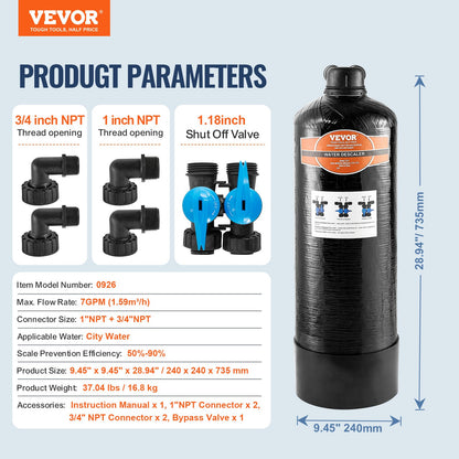 Whole House Salt Free Descaler, Water Filter for City Water, 580,000 Gallon Whole House Water Descaler for All Kinds of Plumbing Pipes, 1" BSPT & 3/4" BSPT, for 2-3 Person Family