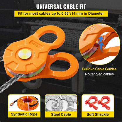 Kastblock, 11T/25 000 LBS arbetsbelastningsgräns, kraftig vinschremskiva för 0,55"/14 mm syntetiskt rep eller mjuka schacklar, terrängbärgningstillbehör för traktor, lastbil, ATV och UTV, 2-pack