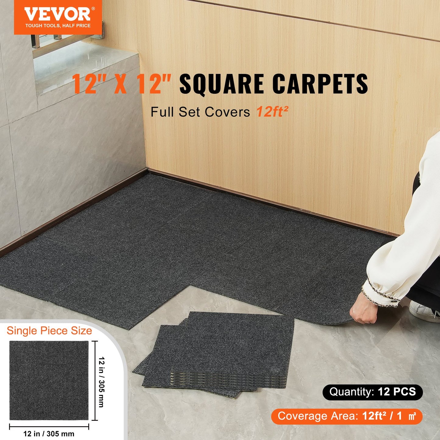 Carpet Tiles Peel and Stick, 12” x 12” Squares Self Adhesive Carpet Floor Tile, Soft Padded Carpet Tiles, Easy Install DIY for Bedroom Living Room Indoor Outdoor (12 Tiles, Dark Gray)