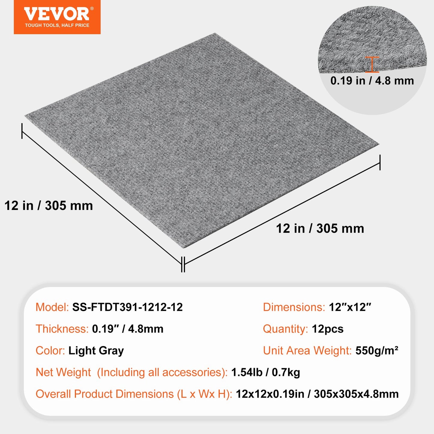 Carpet Tiles Peel and Stick, 30.5 x 30.5 cm Squares Self Adhesive Carpet Floor Tile, Soft Padded Carpet Tiles, Easy Install DIY for Bedroom Living Room Indoor Outdoor (12 Tiles, Light Gray)