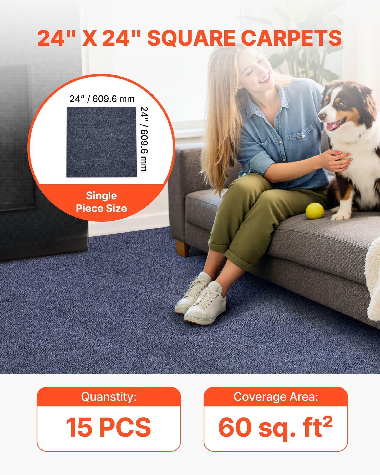 Mattplattor 610x610 mm, 15-pack skalbar och självhäftande fyrkantig matta, självhäftande kommersiellt golv mjuk vadderad för sömlöst överdrag 5,6㎡, enkel gör-det-själv-ersättning för vardagsrums- och kontorsrum, grå