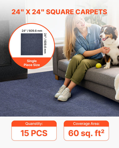 Mattplattor 610x610 mm, 15-pack skalbar och självhäftande fyrkantig matta, självhäftande kommersiellt golv mjuk vadderad för sömlöst överdrag 5,6㎡, enkel gör-det-själv-ersättning för vardagsrums- och kontorsrum, grå